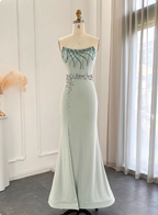 Elegant Mint Green Mermaid Strapless Rhinestone Hotfix Slit Satin Long Classy Prom Dress