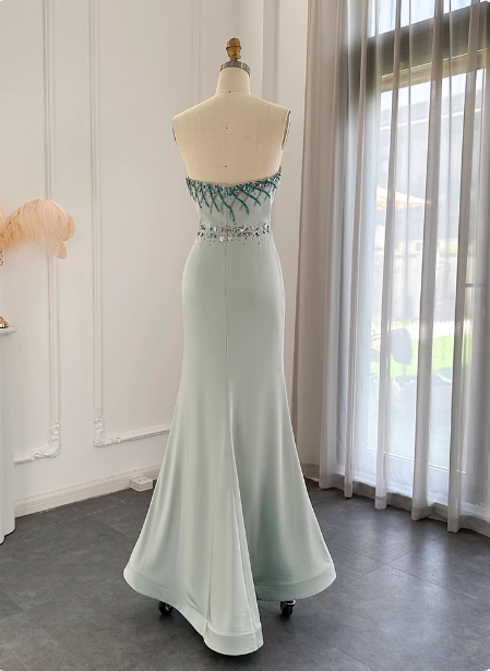Elegant Mint Green Mermaid Strapless Rhinestone Hotfix Slit Satin Long Classy Prom Dress
