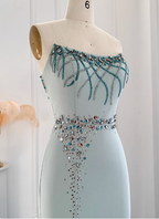 Elegant Mint Green Mermaid Strapless Rhinestone Hotfix Slit Satin Long Classy Prom Dress