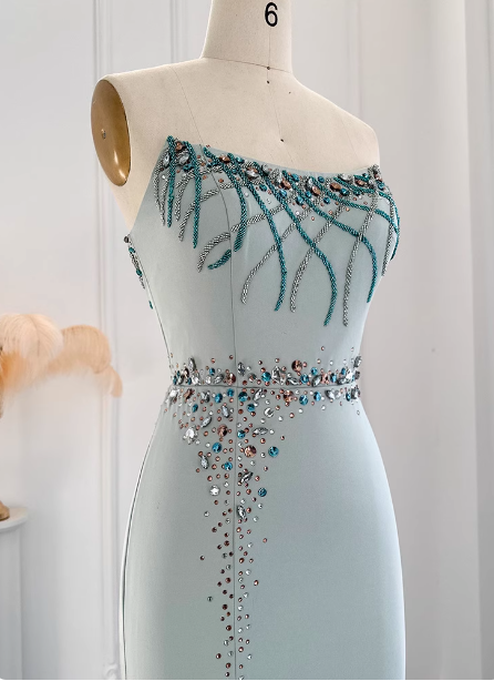 Elegant Mint Green Mermaid Strapless Rhinestone Hotfix Slit Satin Long Classy Prom Dress