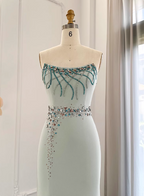 Elegant Mint Green Mermaid Strapless Rhinestone Hotfix Slit Satin Long Classy Prom Dress