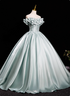 Elegant Mint Light Green Off-The-Shoulder Satin Ball Gown Prom Dress Sweet 16 Dress