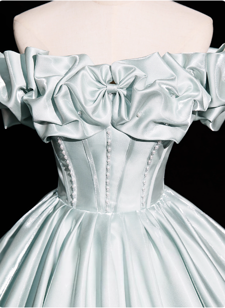 Elegant Mint Light Green Off-The-Shoulder Satin Ball Gown Prom Dress Sweet 16 Dress