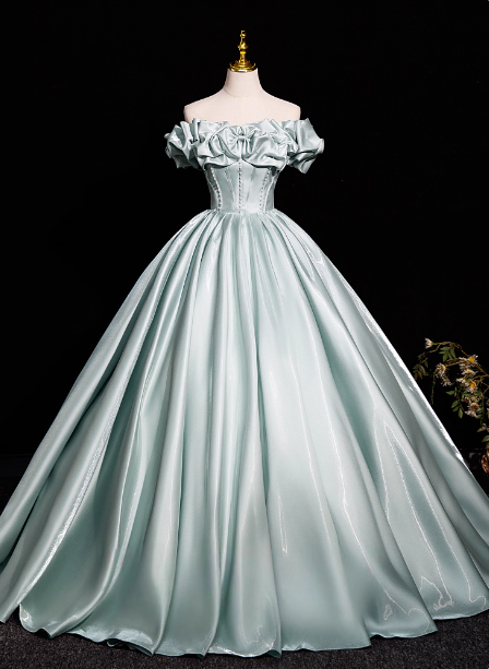Elegant Mint Light Green Off-The-Shoulder Satin Ball Gown Prom Dress Sweet 16 Dress