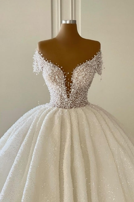 Elegant Modern V-Neck Wedding Gowns With Glitter Off-The-Shoulder