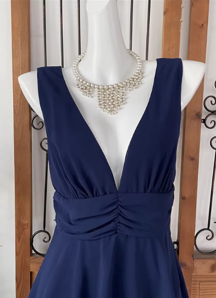 Elegant Navy Blue A-Line V-Neck Ruffled Layered Chiffon Classy Prom Dress
