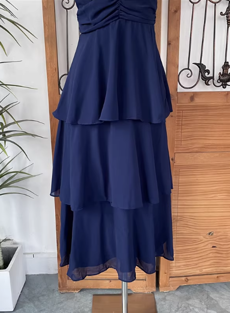 Elegant Navy Blue A-Line V-Neck Ruffled Layered Chiffon Classy Prom Dress