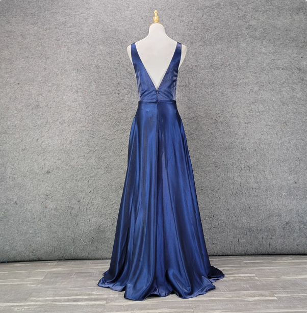 Elegant Navy Blue A-Line V-Neck Satin Long Classy Prom Dress