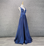 Elegant Navy Blue A-Line V-Neck Satin Long Classy Prom Dress