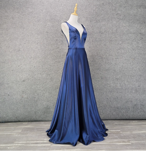 Elegant Navy Blue A-Line V-Neck Satin Long Classy Prom Dress