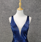 Elegant Navy Blue A-Line V-Neck Satin Long Classy Prom Dress