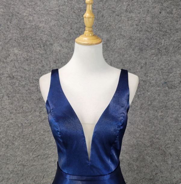 Elegant Navy Blue A-Line V-Neck Satin Long Classy Prom Dress