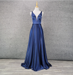 Elegant Navy Blue A-Line V-Neck Satin Long Classy Prom Dress