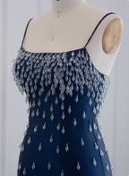Elegant Navy Blue Bodycon Square Neck Spaghetti Strap Slit Crystal Satin Long Classy Prom Dress
