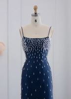 Elegant Navy Blue Bodycon Square Neck Spaghetti Strap Slit Crystal Satin Long Classy Prom Dress
