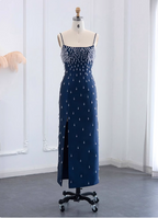 Elegant Navy Blue Bodycon Square Neck Spaghetti Strap Slit Crystal Satin Long Classy Prom Dress