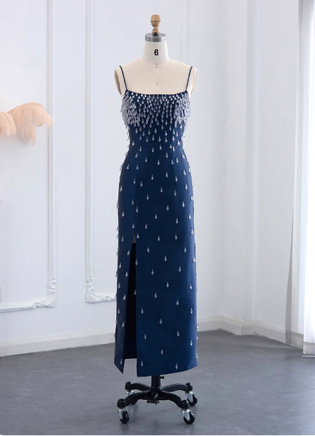 Elegant Navy Blue Bodycon Square Neck Spaghetti Strap Slit Crystal Satin Long Classy Prom Dress