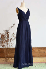 Elegant Navy Blue Chiffon Bridesmaid Dress With Slit