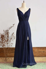 Elegant Navy Blue Chiffon Bridesmaid Dress With Slit