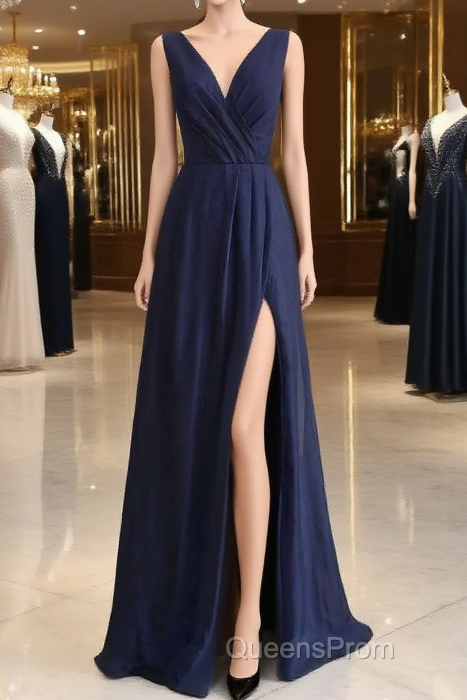 Elegant Navy Blue Chiffon Bridesmaid Dress With Slit