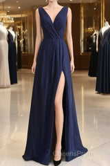 Elegant Navy Blue Chiffon Bridesmaid Dress With Slit