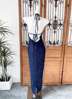 Elegant Navy Blue Halter Backless Glitter Satin Long Classy Prom Dress
