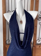 Elegant Navy Blue Halter Backless Glitter Satin Long Classy Prom Dress