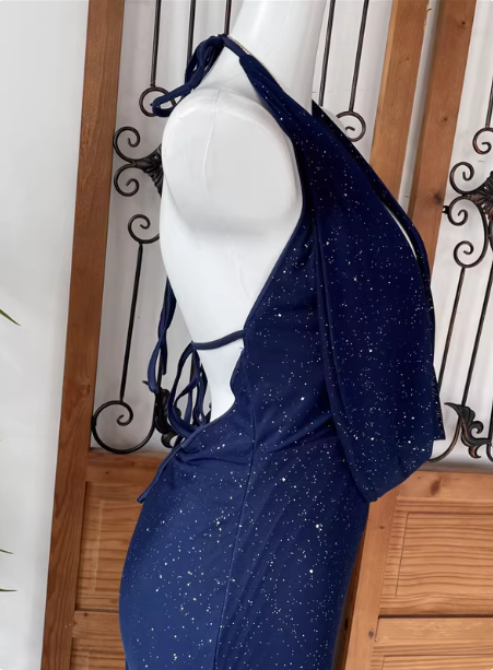 Elegant Navy Blue Halter Backless Glitter Satin Long Classy Prom Dress