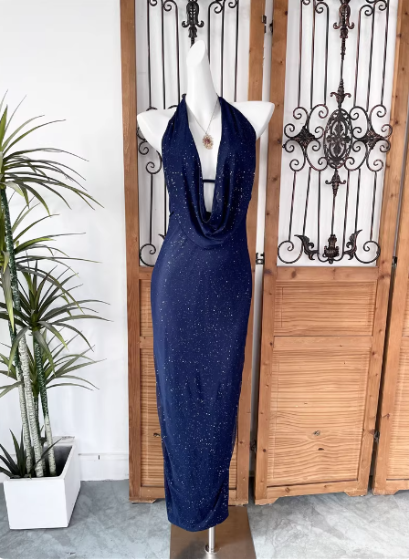 Elegant Navy Blue Halter Backless Glitter Satin Long Classy Prom Dress Main image