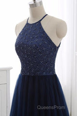 Elegant Navy Blue Halter Beaded Long Evening Dress, Beautiful Evening Prom Dress