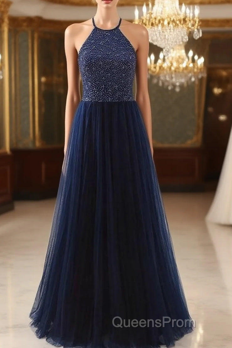 Elegant Navy Blue Halter Beaded Long Evening Dress, Beautiful Evening Prom Dress Main image