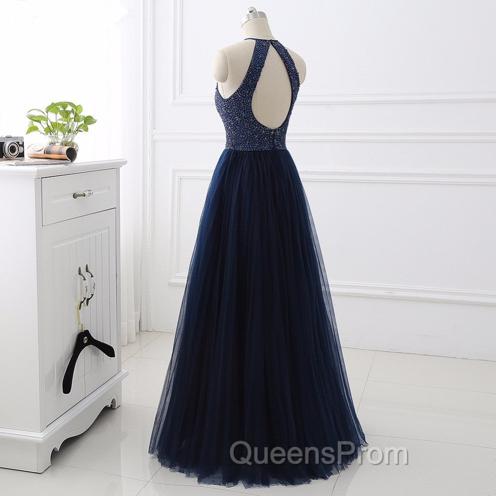 Elegant Navy Blue Halter Beaded Long Evening Dress, Evening Prom Dress Secondary image