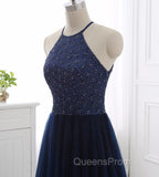 Elegant Navy Blue Halter Beaded Long Evening Dress, Evening Prom Dress