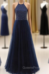 Elegant Navy Blue Halter Beaded Long Evening Dress, Evening Prom Dress
