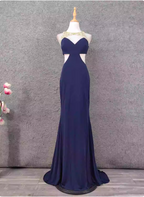 Elegant Navy Blue Mermaid Beaded Open Back Chiffon Long Classy Prom Dress