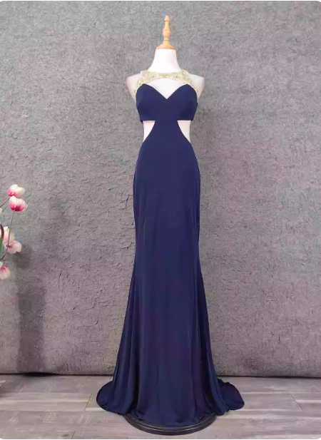 Elegant Navy Blue Mermaid Beaded Open Back Chiffon Long Classy Prom Dress