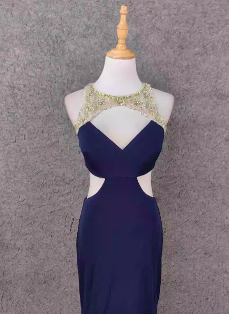 Elegant Navy Blue Mermaid Beaded Open Back Chiffon Long Classy Prom Dress