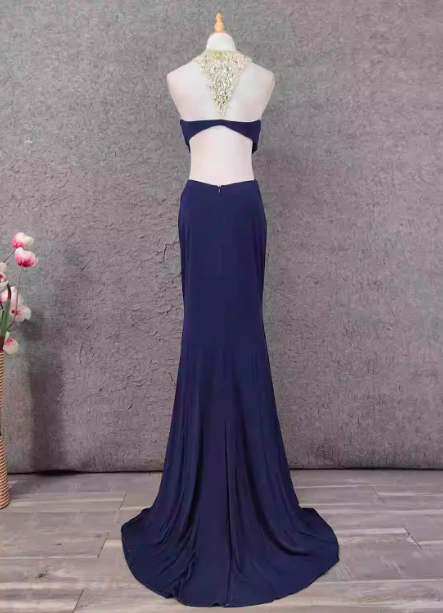 Elegant Navy Blue Mermaid Beaded Open Back Chiffon Long Classy Prom Dress