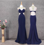 Elegant Navy Blue Mermaid Beaded Open Back Chiffon Long Classy Prom Dress