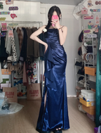 Elegant Navy Blue Mermaid High-Slit Ruffled Satin Long Classy Prom Dress