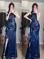 Elegant Navy Blue Mermaid High-Slit Ruffled Satin Long Classy Prom Dress