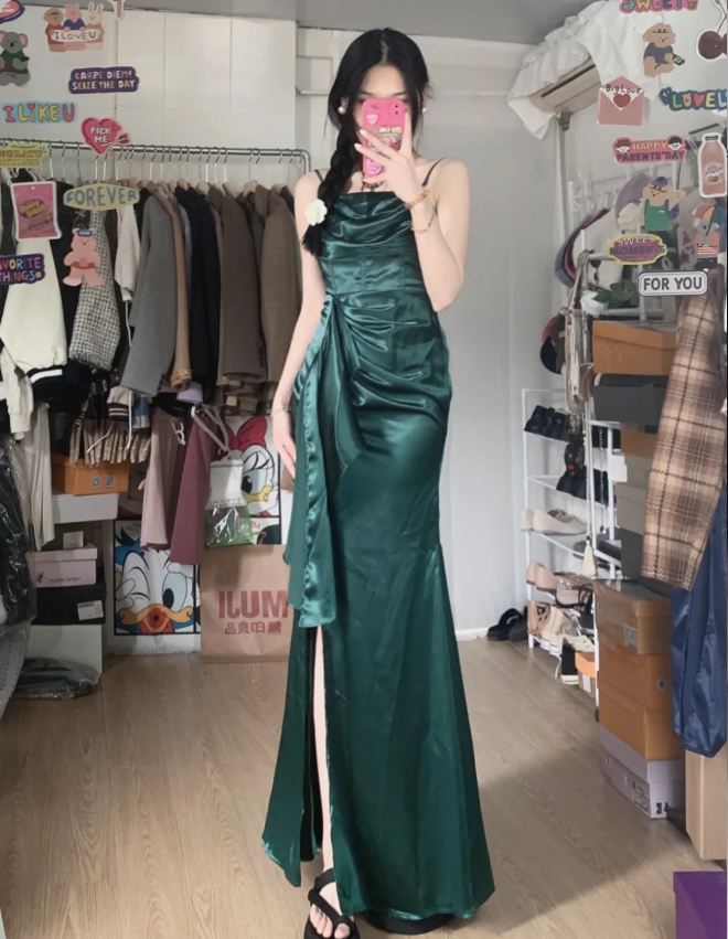 Elegant Navy Blue Mermaid High-Slit Ruffled Satin Long Classy Prom Dress