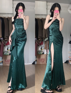 Elegant Navy Blue Mermaid High-Slit Ruffled Satin Long Classy Prom Dress