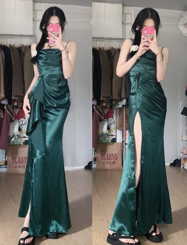 Elegant Navy Blue Mermaid High-Slit Ruffled Satin Long Classy Prom Dress