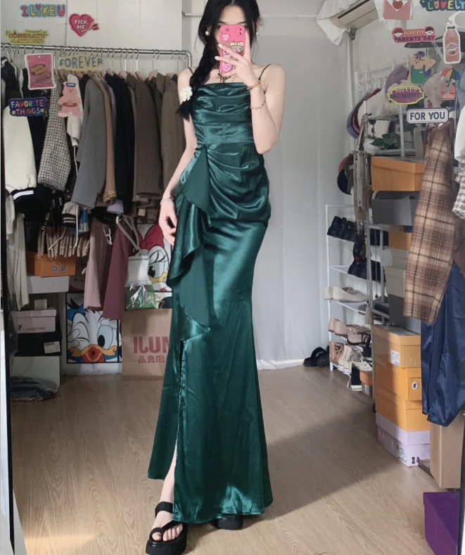 Elegant Navy Blue Mermaid High-Slit Ruffled Satin Long Classy Prom Dress