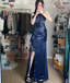 Elegant Navy Blue Mermaid High-Slit Ruffled Satin Long Classy Prom Dress