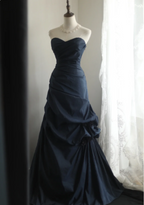 Elegant Navy Blue Mermaid Pleated Satin Long Classy Prom Dress