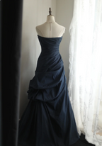 Elegant Navy Blue Mermaid Pleated Satin Long Classy Prom Dress