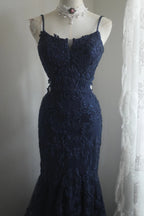 Elegant Navy Blue Mermaid Spaghetti Strap Lace Long Classy Prom Dress