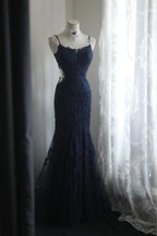 Elegant Navy Blue Mermaid Spaghetti Strap Lace Long Classy Prom Dress